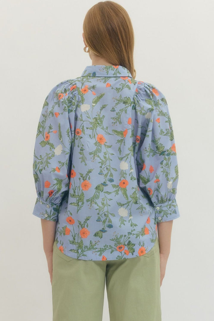 Floral Button Front Puff Sleeve Top W/ Collar - Lush Lemon - Women's Clothing - Entro - 80533111038077