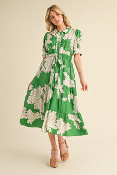 Floral Collared Puff Sleeve Midi Dress - Lush Lemon - Women&
