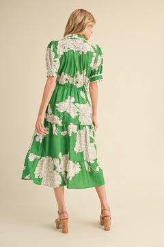 Floral Collared Puff Sleeve Midi Dress - Lush Lemon - Women&