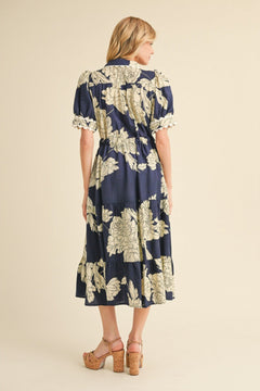 Floral Collared Puff Sleeve Midi Dress - Lush Lemon - Women&