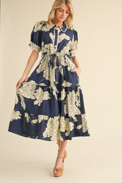 Floral Collared Puff Sleeve Midi Dress - Lush Lemon - Women&