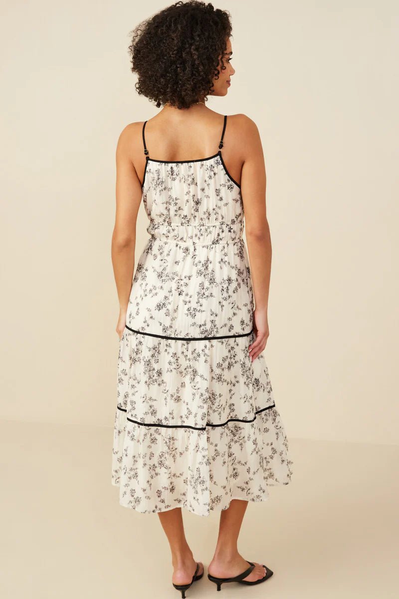 Floral Contrast Piped Tiered Dress - Lush Lemon - Women's Clothing - Hayden - 66711331054845
