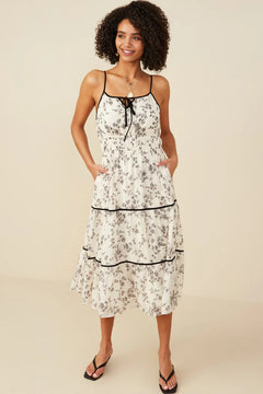 Floral Contrast Piped Tiered Dress - Lush Lemon - Women&