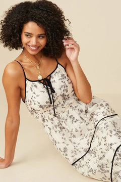 Floral Contrast Piped Tiered Dress - Lush Lemon - Women&
