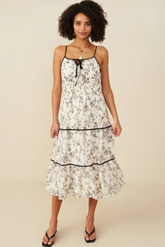 Floral Contrast Piped Tiered Dress - Lush Lemon - Women&