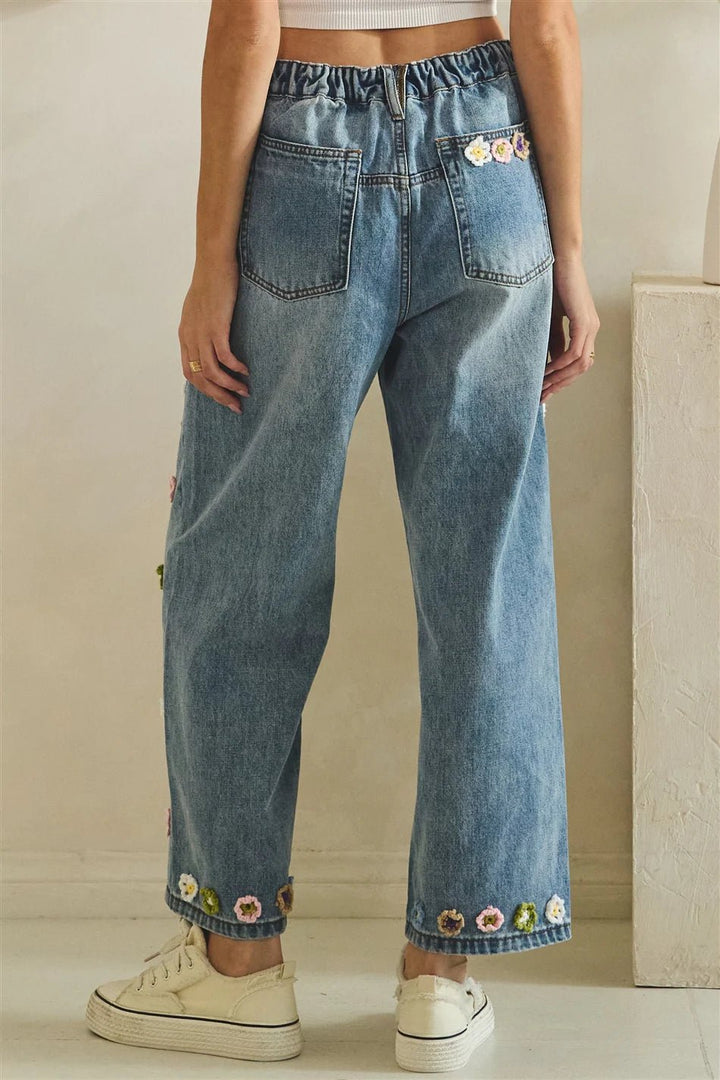 Floral Crochet Denim Pants - Lush Lemon - Women's Clothing - Oli & Hali - 10303371022237