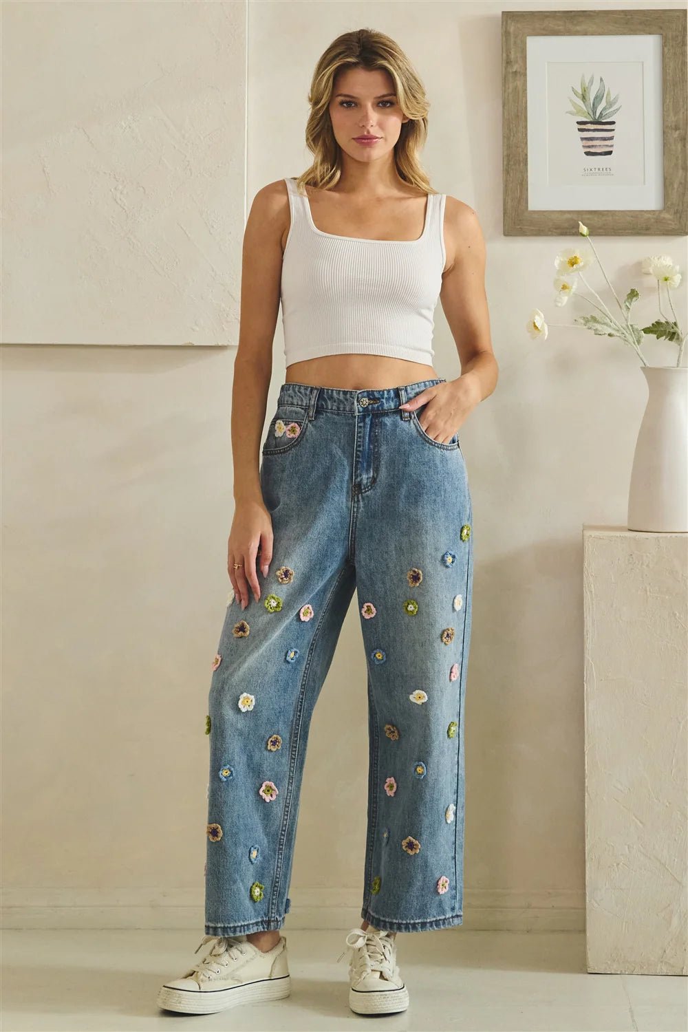 Floral Crochet Denim Pants - Lush Lemon - Women's Clothing - Oli & Hali - 10303371022237