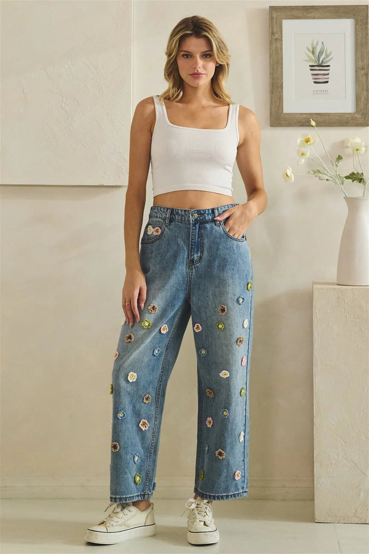 Floral Crochet Denim Pants - Lush Lemon - Women's Clothing - Oli & Hali - 10303371022237