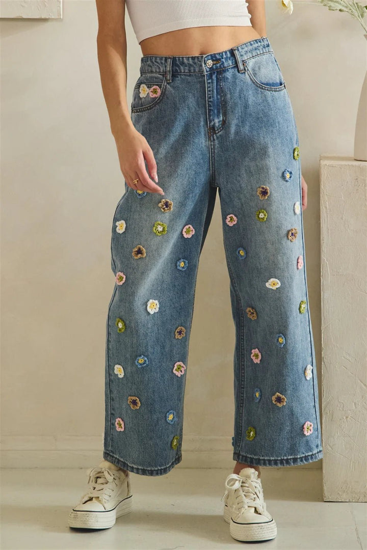 Floral Crochet Denim Pants - Lush Lemon - Women's Clothing - Oli & Hali - 10303371022237