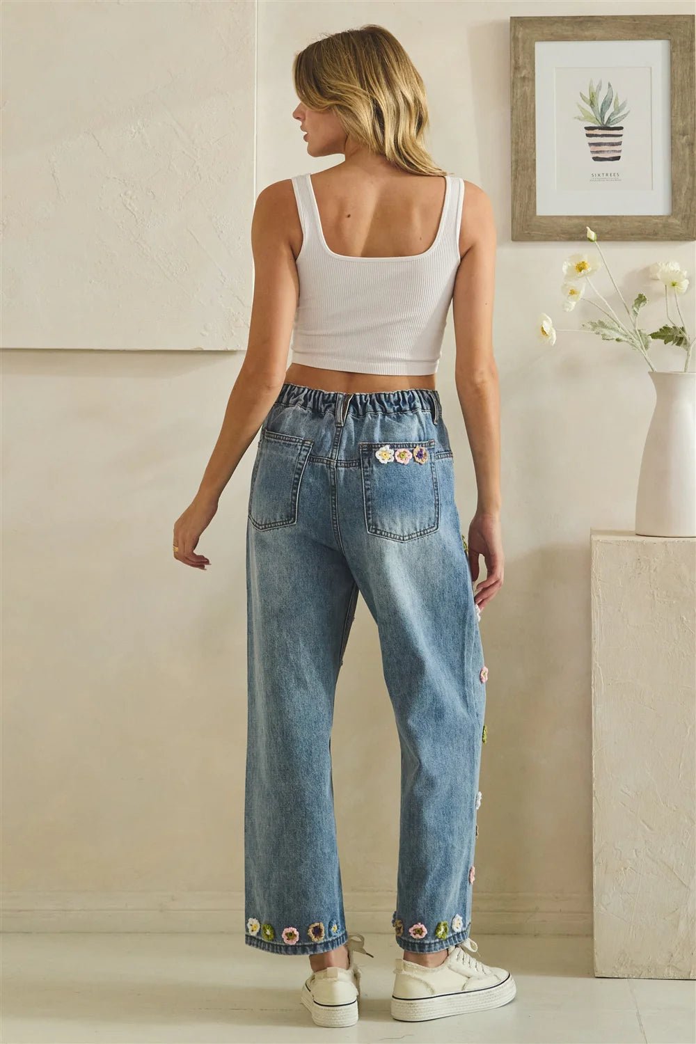 Floral Crochet Denim Pants - Lush Lemon - Women's Clothing - Oli & Hali - 10303371022237