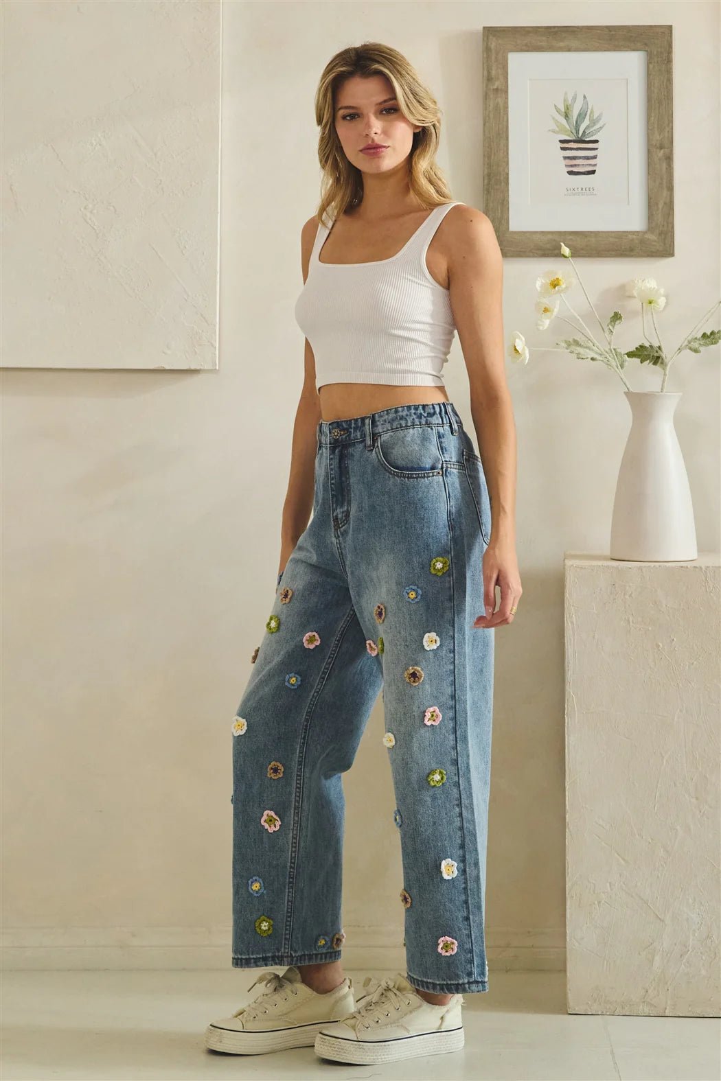 Floral Crochet Denim Pants - Lush Lemon - Women's Clothing - Oli & Hali - 10303371022237