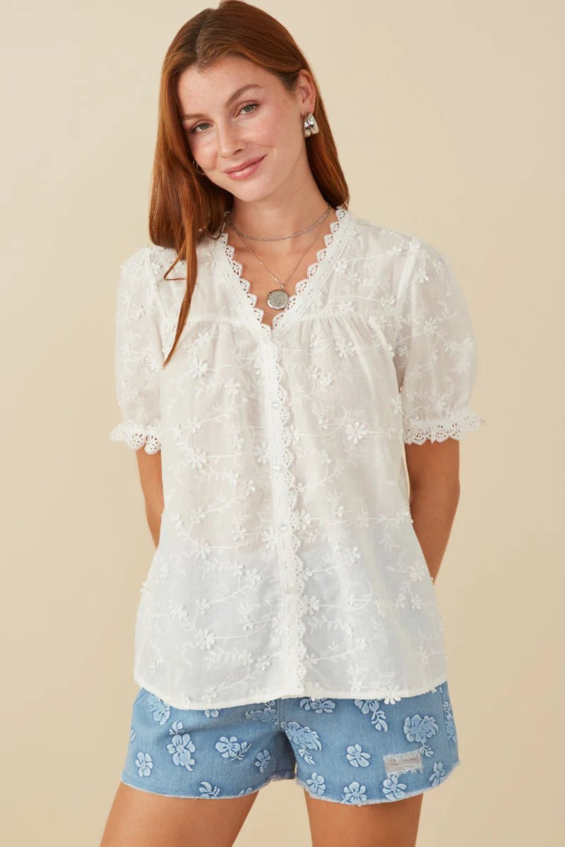Floral Crochet Eyelet And Lace Top - Lush Lemon - Women's Clothing - Hayden - 82222822213