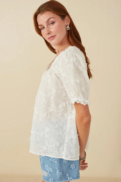 Floral Crochet Eyelet Lace Blouse - Lush Lemon - Women&