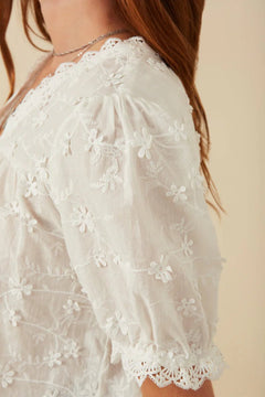 Floral Crochet Eyelet Lace Blouse - Lush Lemon - Women&