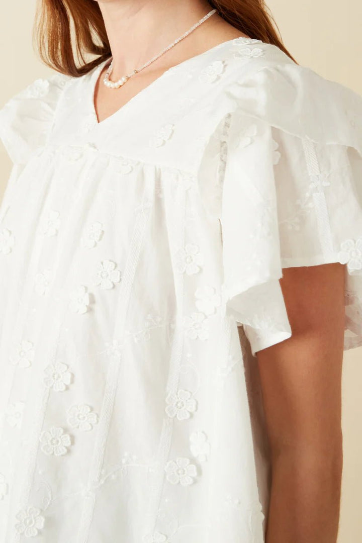 Floral Crochet Ruffle Sleeve Top - Lush Lemon - Women's Clothing - Hayden - 54289281046525