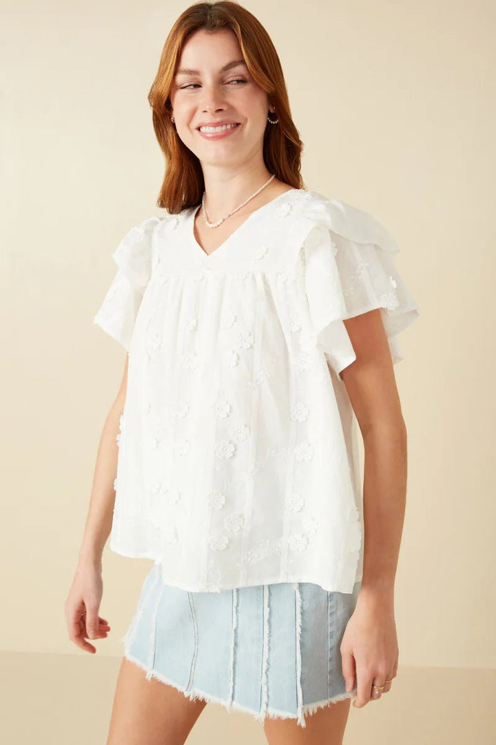 Floral Crochet Ruffle Sleeve Top - Lush Lemon - Women's Clothing - Hayden - 54289281046525