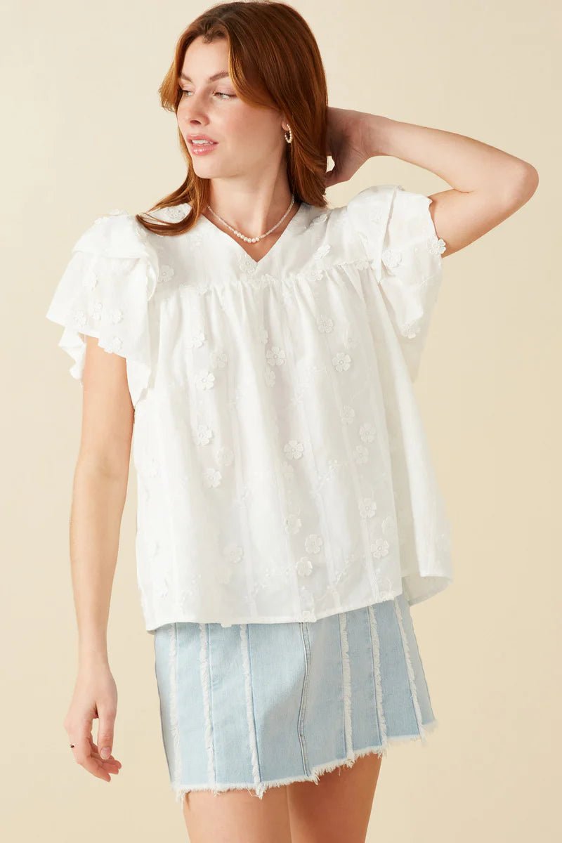 Floral Crochet Ruffle Sleeve Top - Lush Lemon - Women's Clothing - Hayden - 54289281046525
