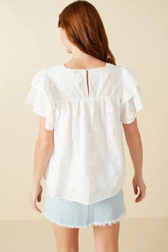 Floral Crochet Ruffle Sleeve Top - Lush Lemon - Women&