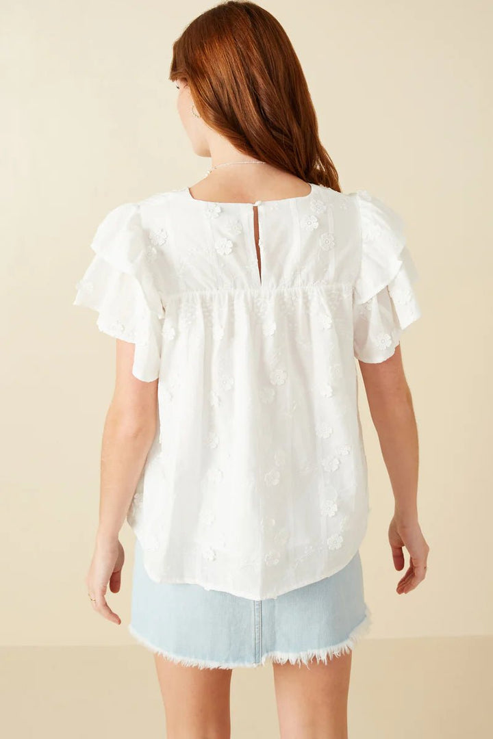 Floral Crochet Ruffle Sleeve Top - Lush Lemon - Women's Clothing - Hayden - 54289281046525