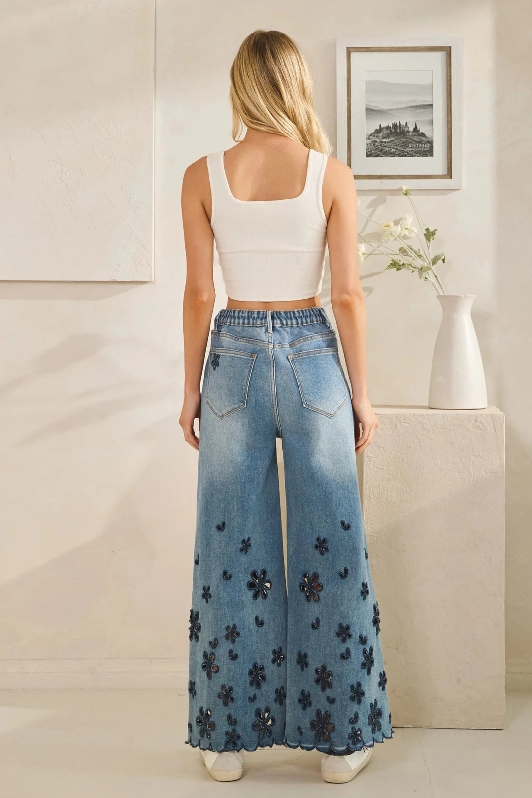 Floral Cutout Wide Leg Jeans - Lush Lemon - Women's Clothing - Oli & Hali - 88670011026621