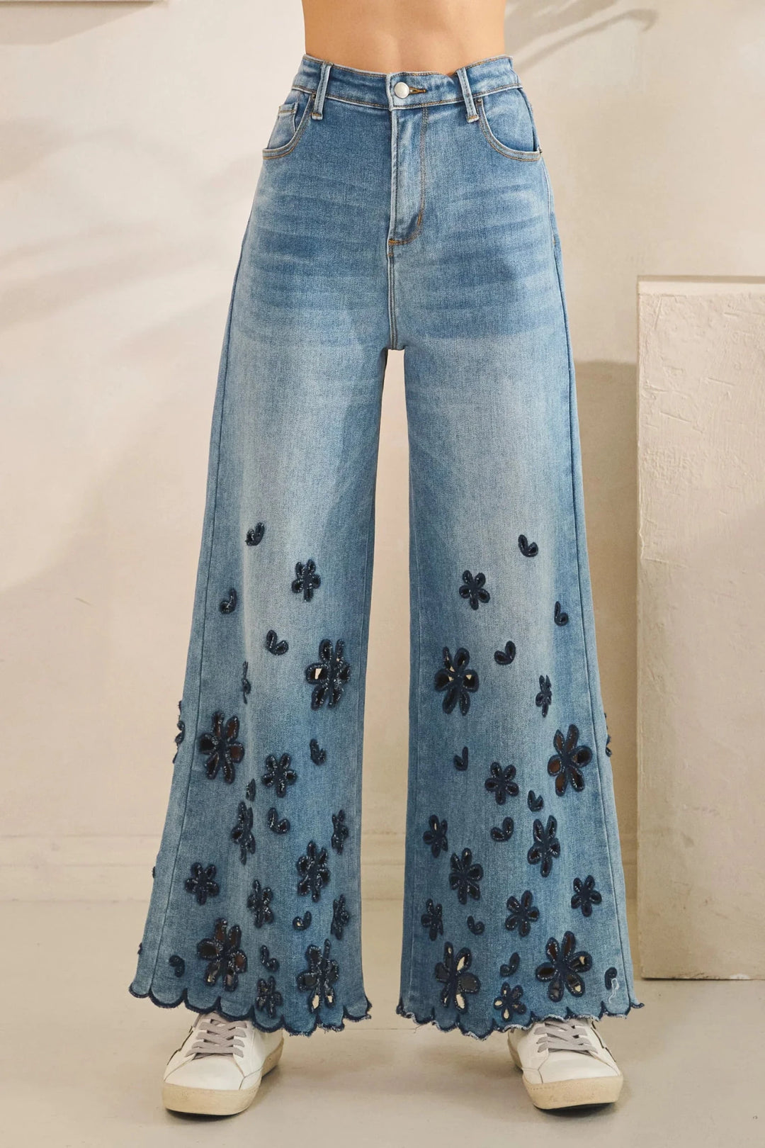 Floral Cutout Wide Leg Jeans - Lush Lemon - Women's Clothing - Oli & Hali - 88670011026621