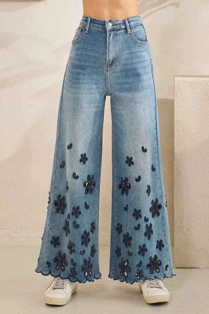 Floral Cutout Wide Leg Jeans - Lush Lemon - Women's Clothing - Oli & Hali - 88670011026621