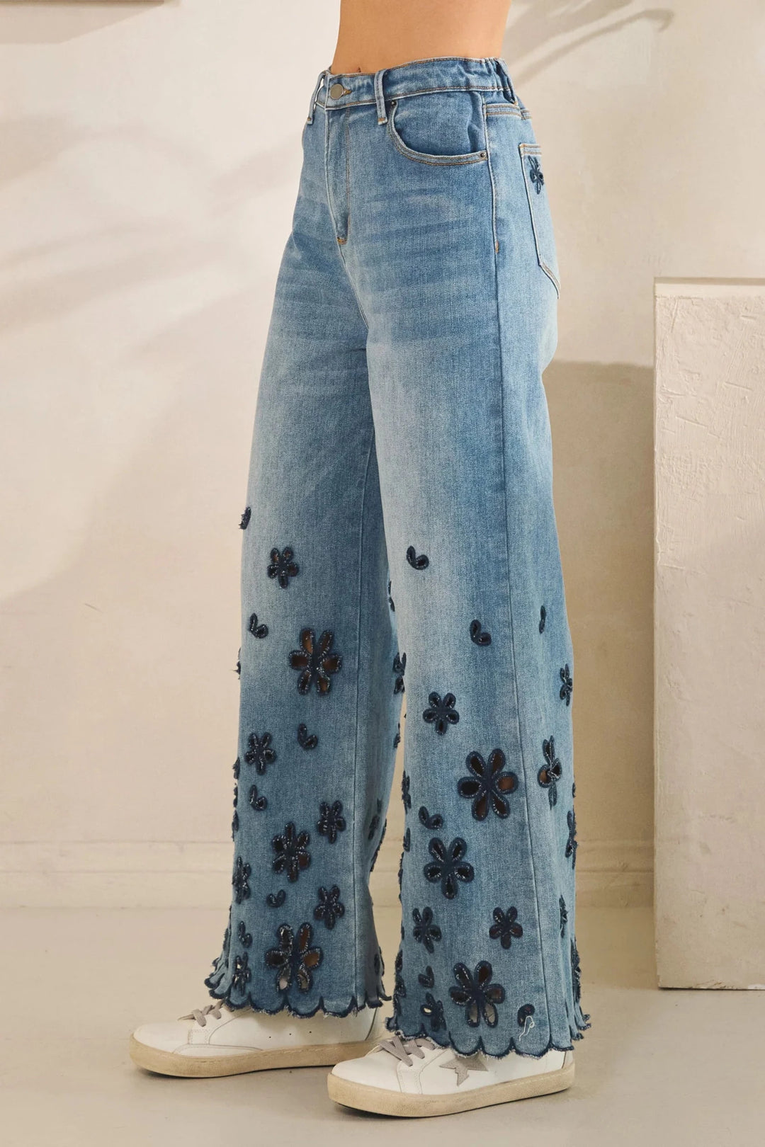 Floral Cutout Wide Leg Jeans - Lush Lemon - Women's Clothing - Oli & Hali - 88670011026621