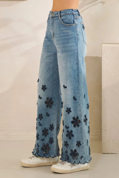 Floral Cutout Wide Leg Jeans - Lush Lemon - Women&