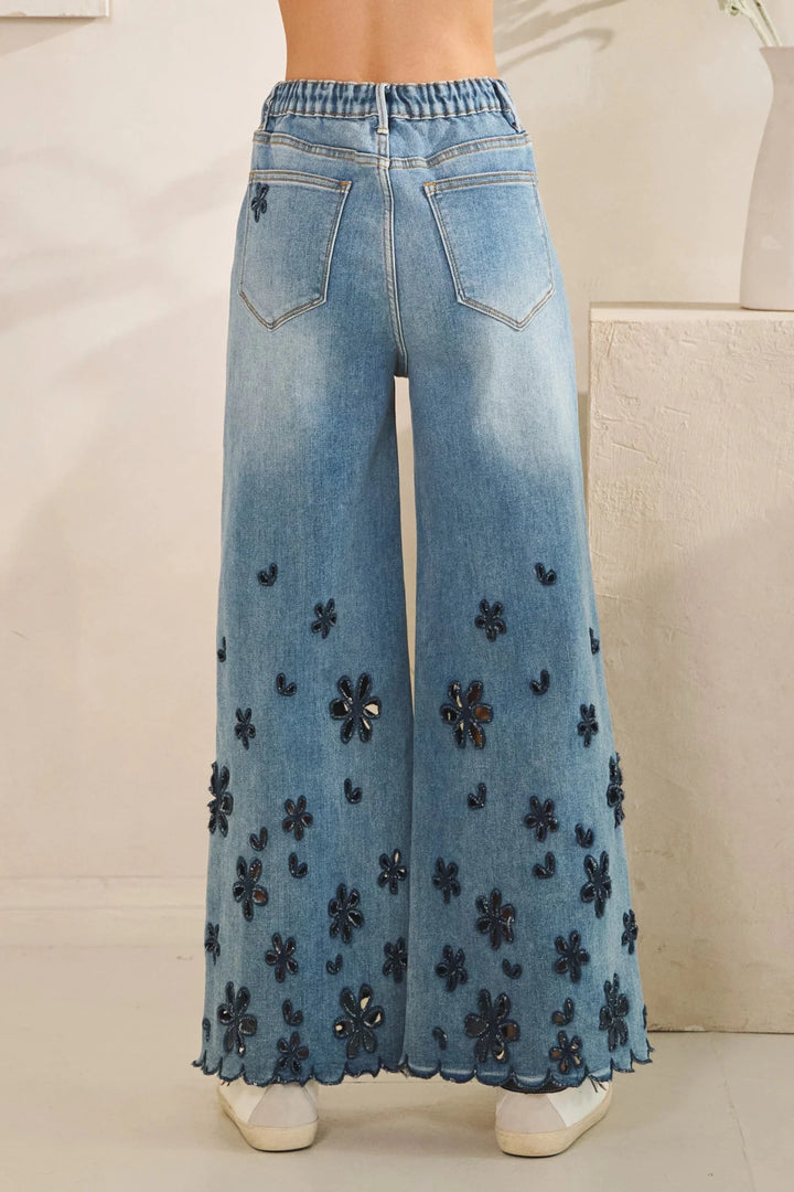 Floral Cutout Wide Leg Jeans - Lush Lemon - Women's Clothing - Oli & Hali - 88670011026621