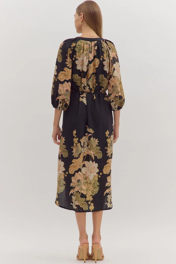 Floral Drawstring Waist Midi Dress - Lush Lemon - Women's Clothing - Entro - 34160301050653