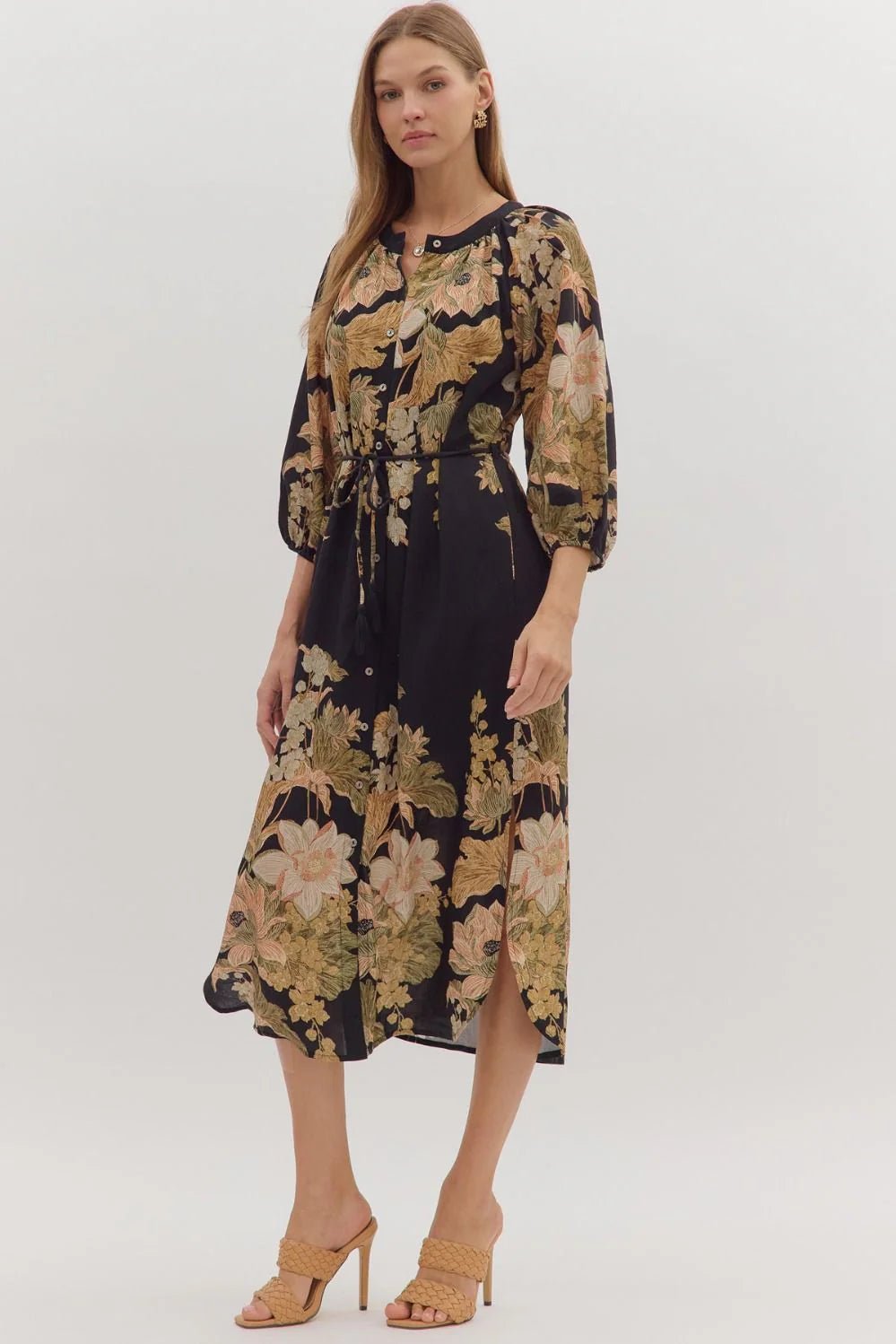 Floral Drawstring Waist Midi Dress - Lush Lemon - Women's Clothing - Entro - 34160301050653