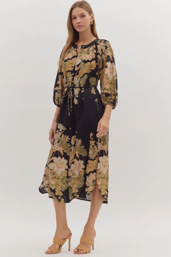 Floral Drawstring Waist Midi Dress - Lush Lemon - Women&