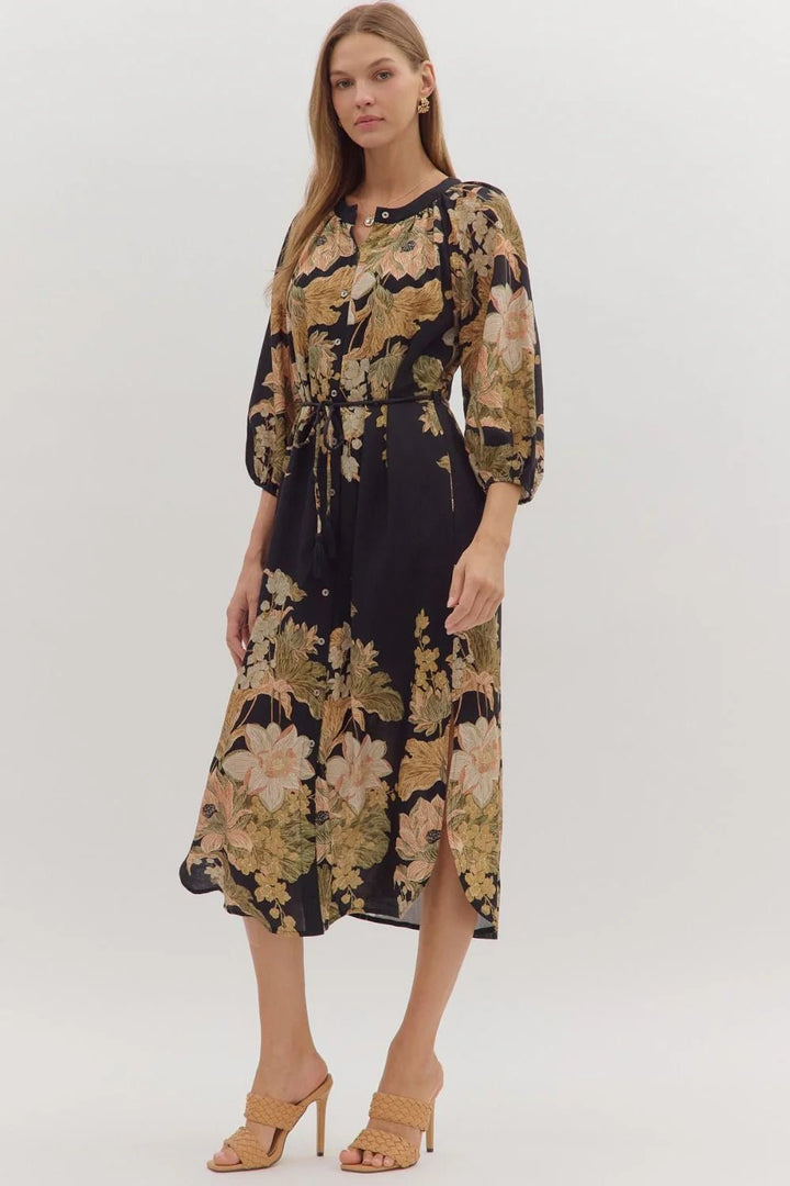 Floral Drawstring Waist Midi Dress - Lush Lemon - Women's Clothing - Entro - 34160301050653