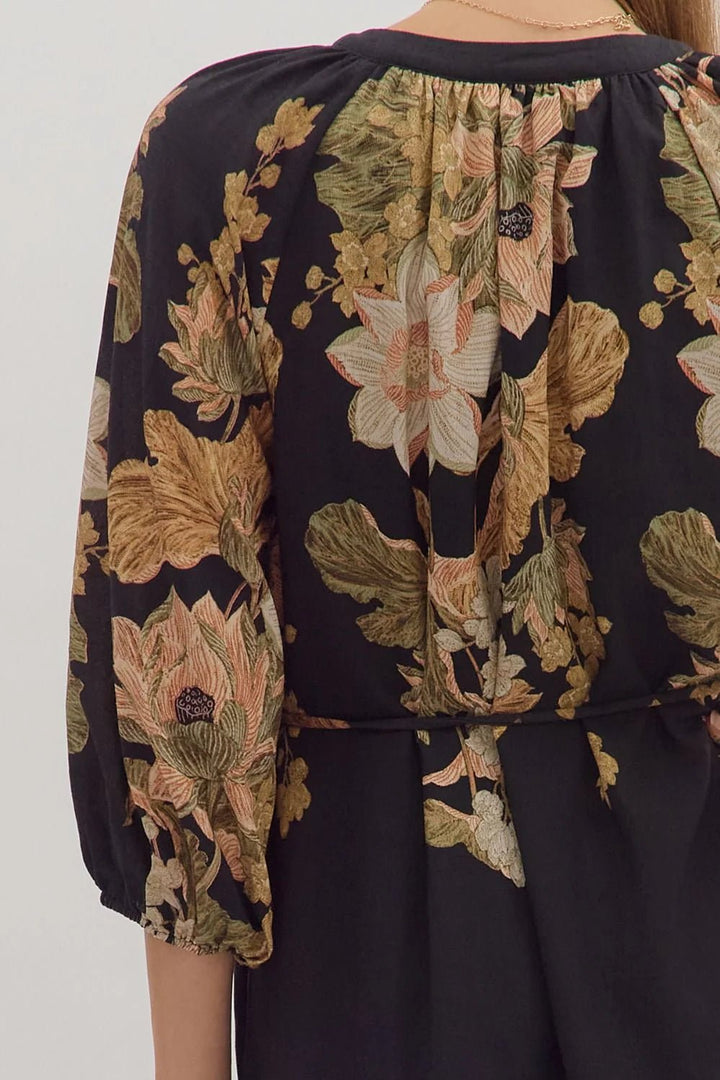 Floral Drawstring Waist Midi Dress - Lush Lemon - Women's Clothing - Entro - 34160301050653