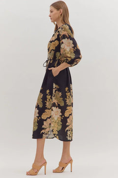 Floral Drawstring Waist Midi Dress - Lush Lemon - Women&