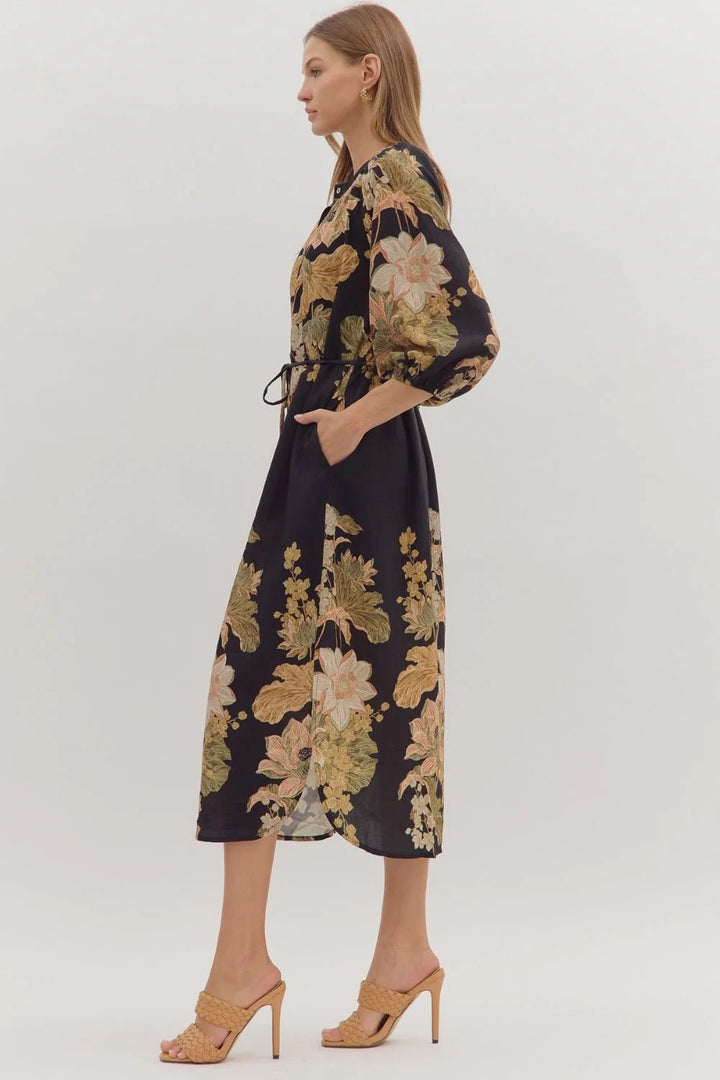 Floral Drawstring Waist Midi Dress - Lush Lemon - Women's Clothing - Entro - 34160301050653