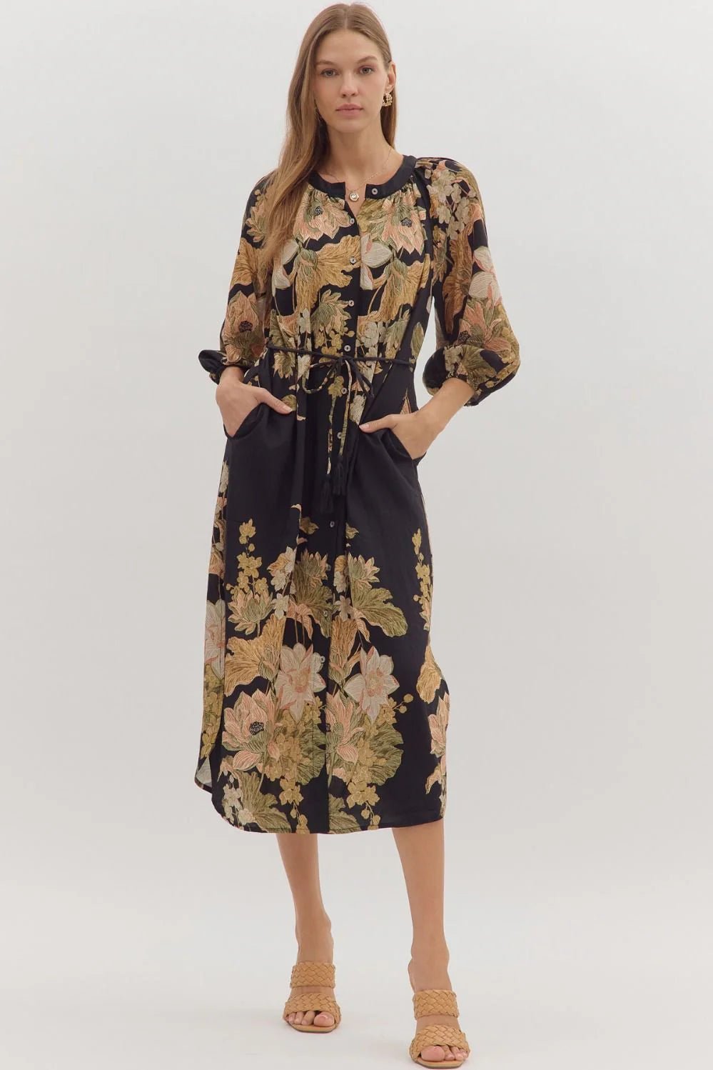 Floral Drawstring Waist Midi Dress - Lush Lemon - Women's Clothing - Entro - 34160301050653