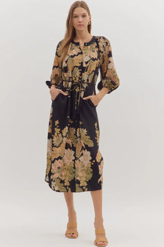 Floral Drawstring Waist Midi Dress - Lush Lemon - Women&