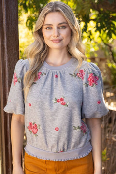 Floral Embroidered Bubble Sleeve Top - Lush Lemon - Women&