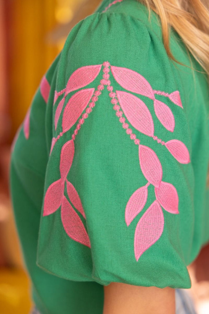 Floral Embroidered Bubble Sleeve V - Neck Top - Lush Lemon - Women's Clothing - Voy - 12145361087581