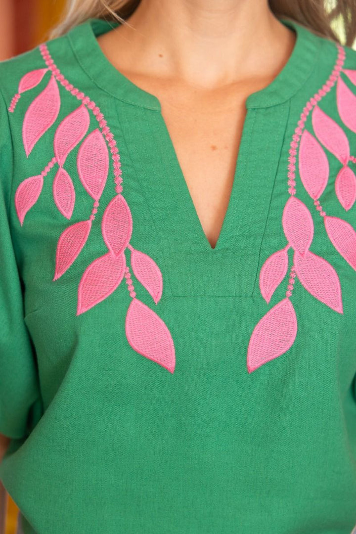 Floral Embroidered Bubble Sleeve V - Neck Top - Lush Lemon - Women's Clothing - Voy - 12145361087581