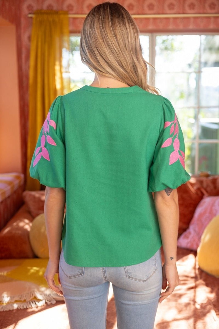 Floral Embroidered Bubble Sleeve V - Neck Top - Lush Lemon - Women's Clothing - Voy - 12145361087581