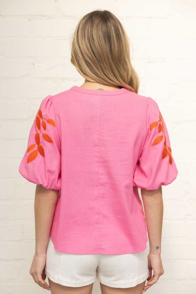 Floral Embroidered Bubble Sleeve V - Neck Top - Lush Lemon - Women's Clothing - Voy - 65303991370621