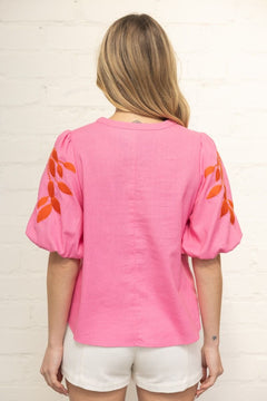 Floral Embroidered Bubble Sleeve V - Neck Top - Lush Lemon - Women&