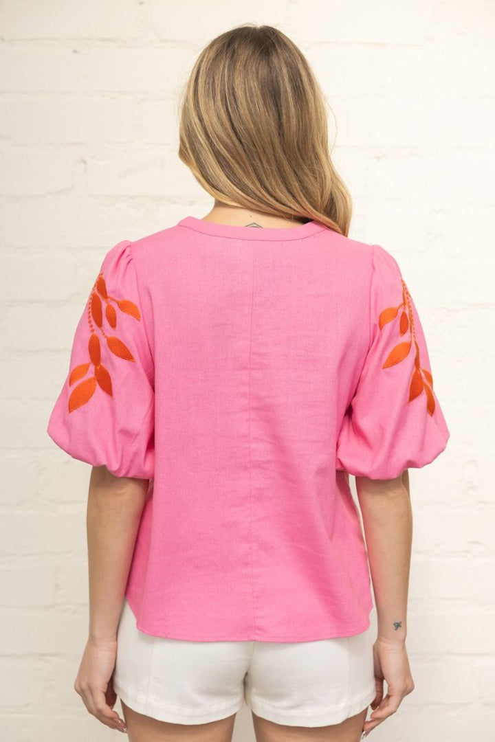 Floral Embroidered Bubble Sleeve V - Neck Top - Lush Lemon - Women's Clothing - Voy - 65303991370621