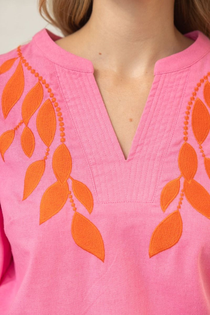 Floral Embroidered Bubble Sleeve V - Neck Top - Lush Lemon - Women's Clothing - Voy - 65303991370621