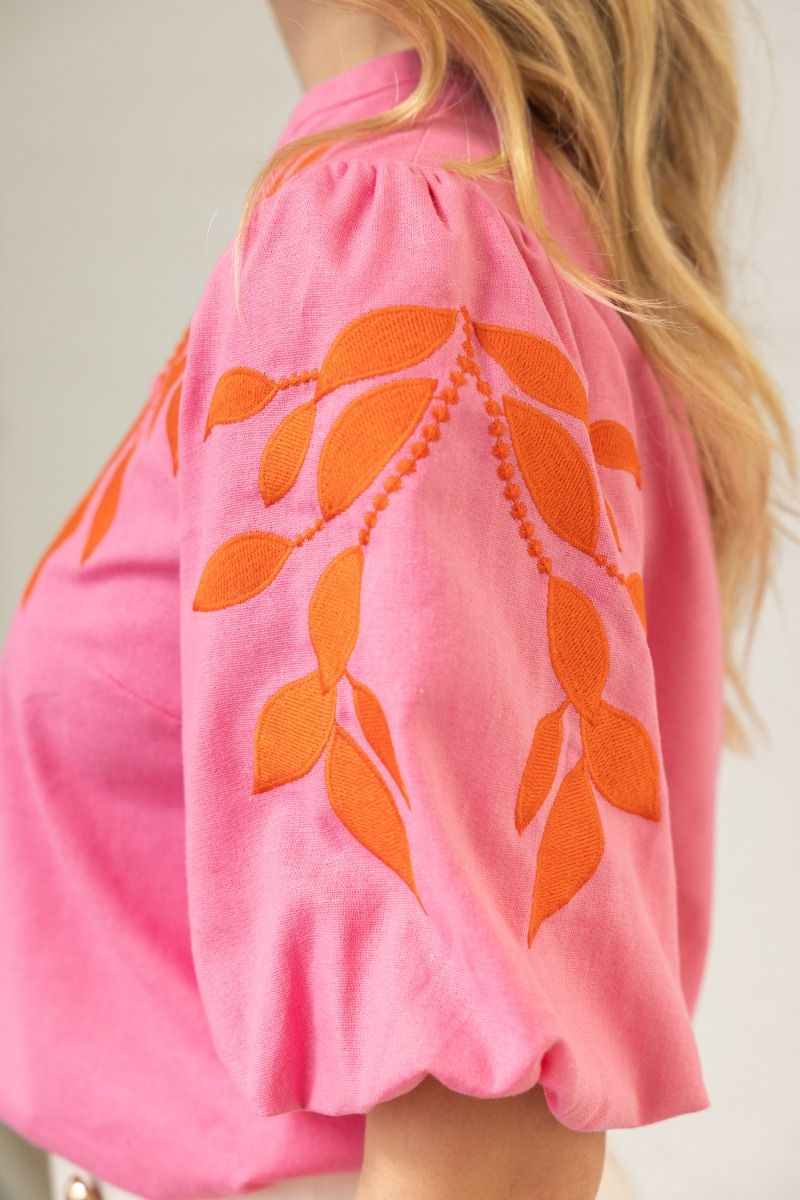 Floral Embroidered Bubble Sleeve V - Neck Top - Lush Lemon - Women's Clothing - Voy - 65303991370621