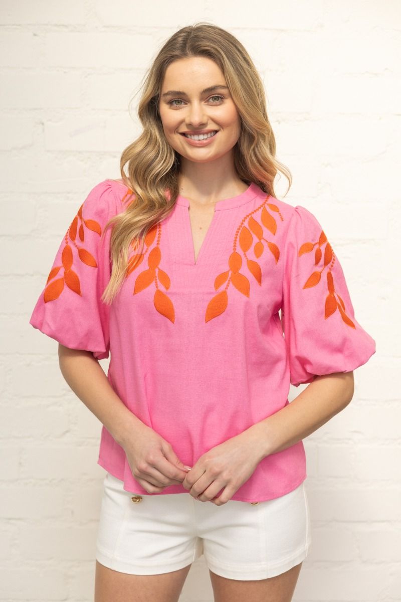 Floral Embroidered Bubble Sleeve V - Neck Top - Lush Lemon - Women's Clothing - Voy - 65303991370621