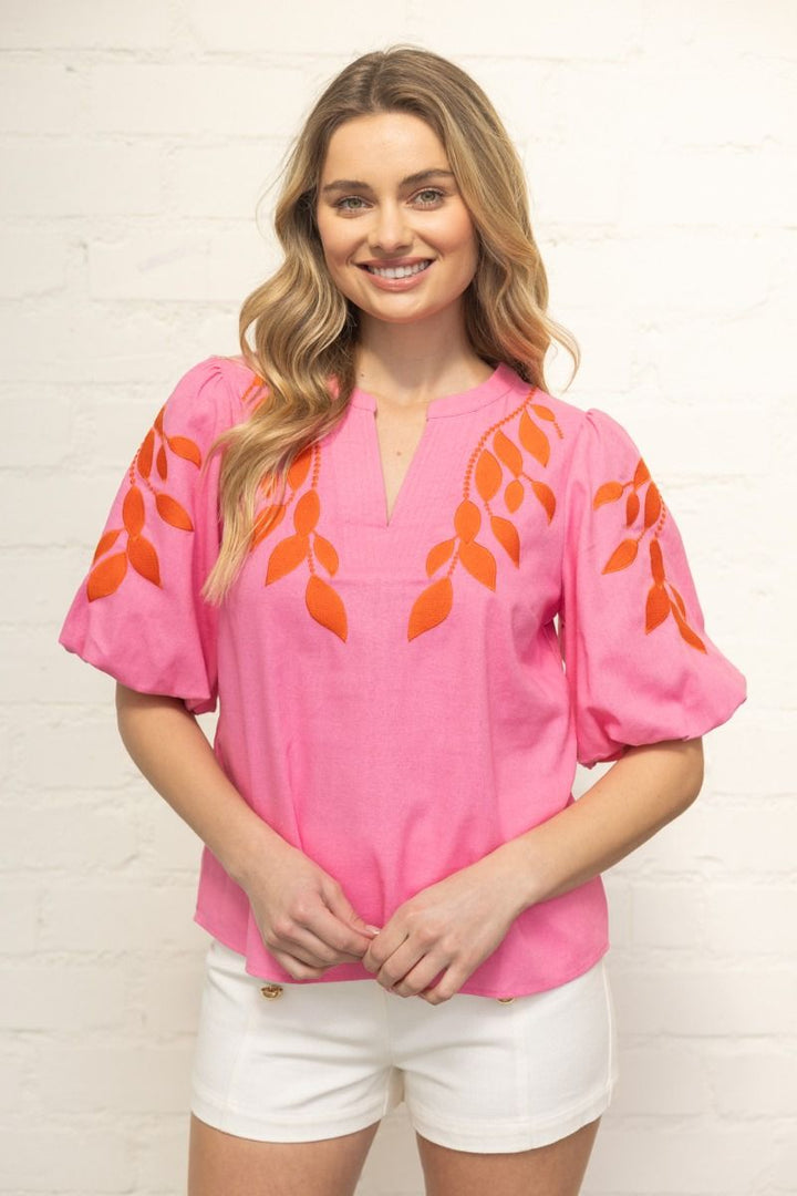 Floral Embroidered Bubble Sleeve V - Neck Top - Lush Lemon - Women's Clothing - Voy - 65303991370621