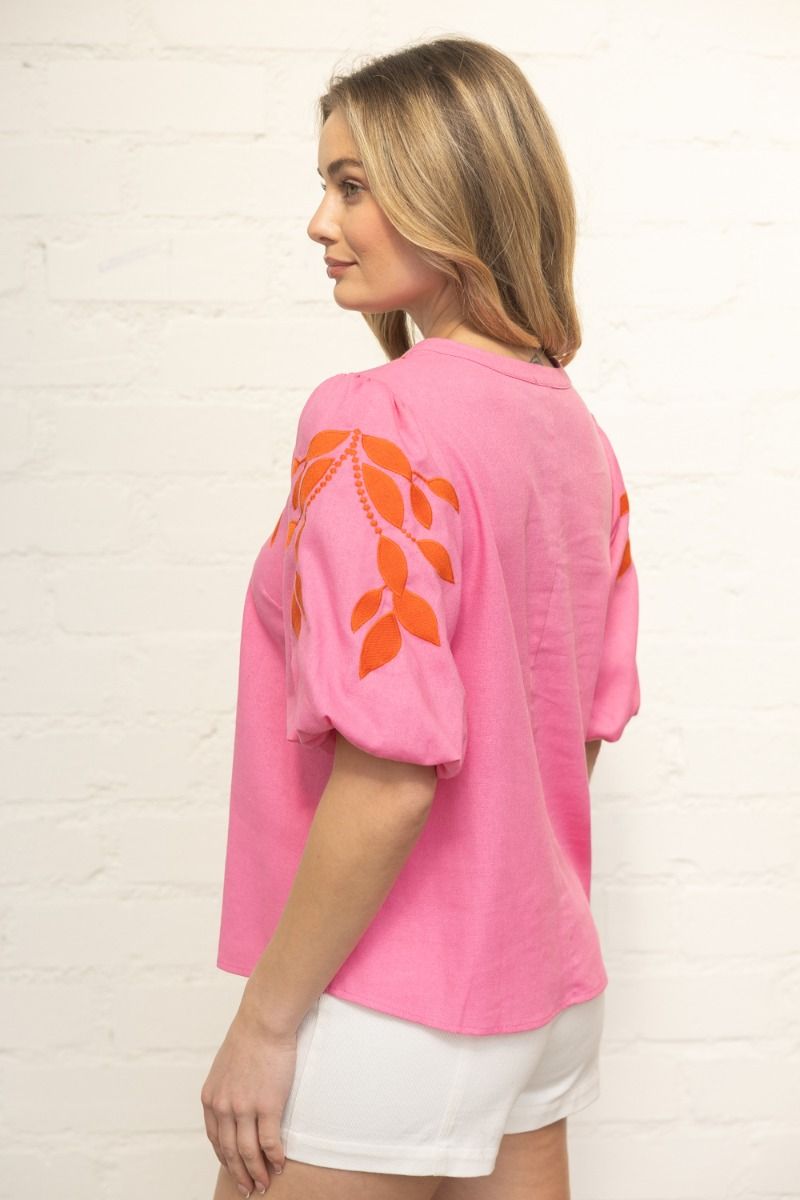 Floral Embroidered Bubble Sleeve V - Neck Top - Lush Lemon - Women's Clothing - Voy - 65303991370621